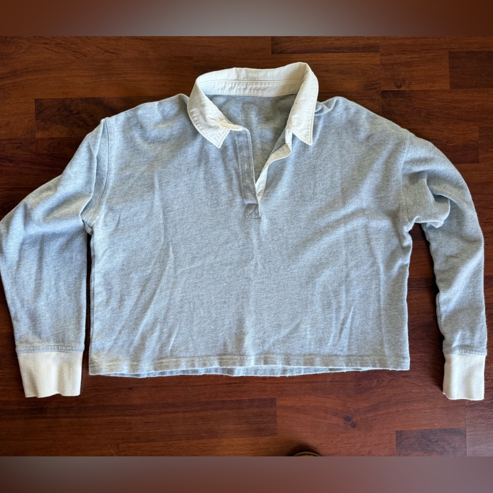 Aerie Cropped‎ Polo in Gray and Cream